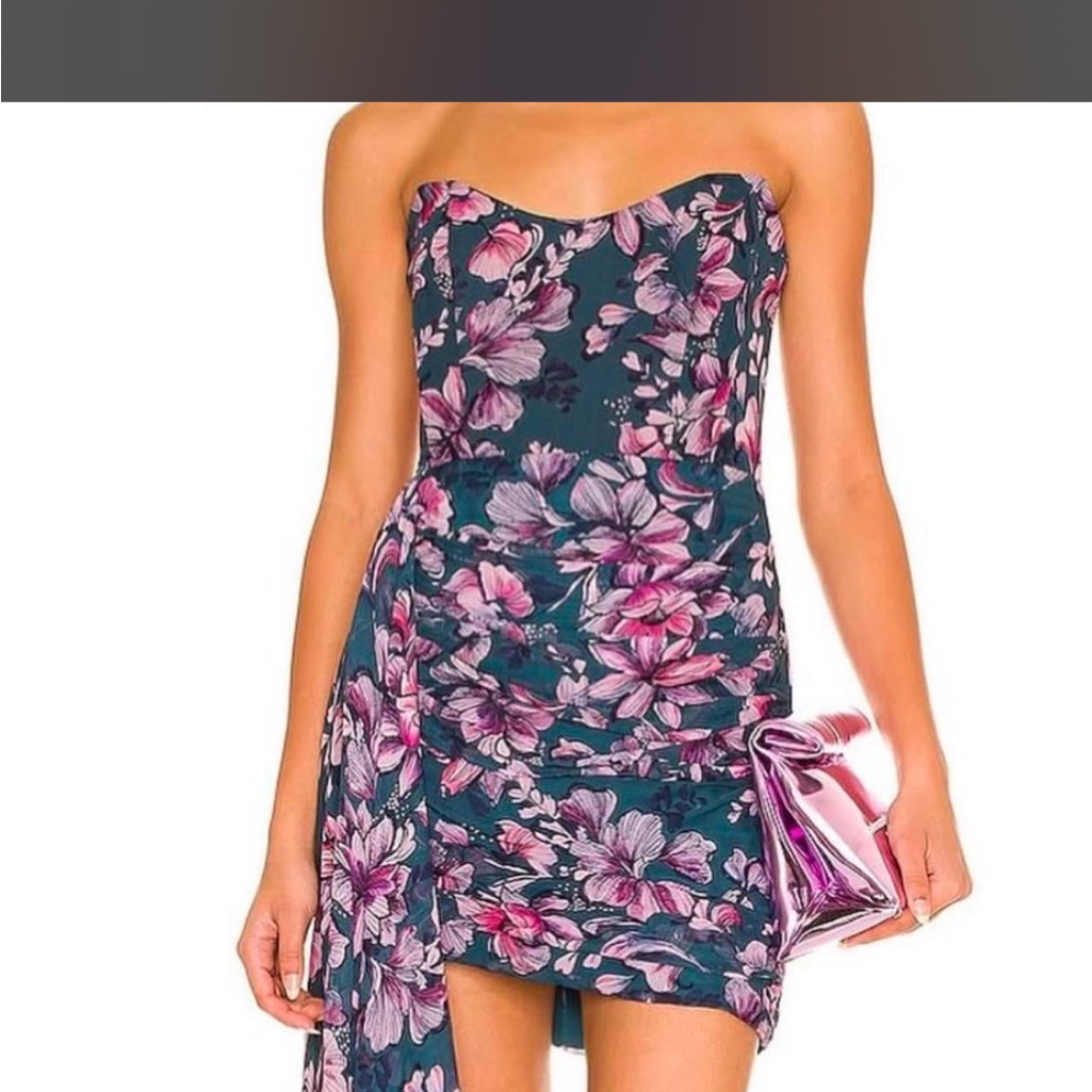 Katie May Teal Strapless Floral Mini Dress With Pink Blooms
